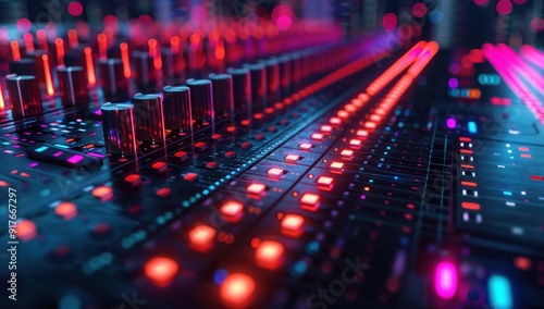 Close-up of a Sound Mixer Control Panel in Vivid Red and Blue Lights