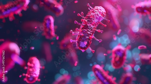 Microscopic view of disease-causing microbes in polluted air, highlighted with holographic effects, dark and vibrant contrast, sci-fi, detailed sketch.