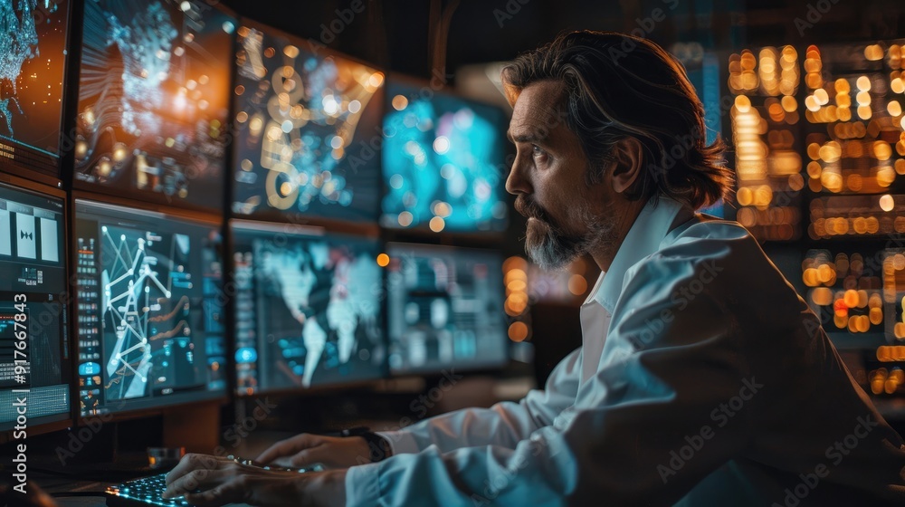 A focused man works intently at a computer in a dimly lit room, surrounded by multiple screens displaying data and information. A focused man works intently at a computer in a dimly lit room, surrounded by multiple screens displaying data and information.