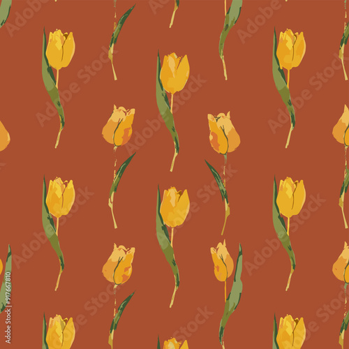 A seamless pattern of yellow tulips on a brown background painted in watercolor The design features a repeating pattern of yellow tulips with green stems and leaves creating a cheerful and floral aest