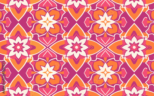 Seamless pattern with a vibrant color scheme featuring repeating geometric floral designs in white orange pink and purple