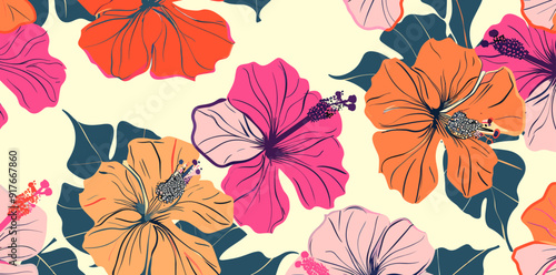 A vibrant and colorful seamless pattern of tropical hibiscus flowers set against a light yellow background The flowers are in various shades of pink orange and red with black outlines