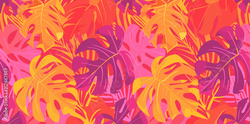 Colorful tropical leaf pattern with pink orange and yellow hues This vibrant and lively pattern is perfect for summer-themed designs