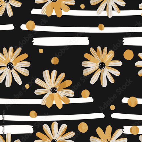 Seamless pattern with golden daisies and white stripes on black background This elegant design is perfect for adding a touch of sophistication to any project