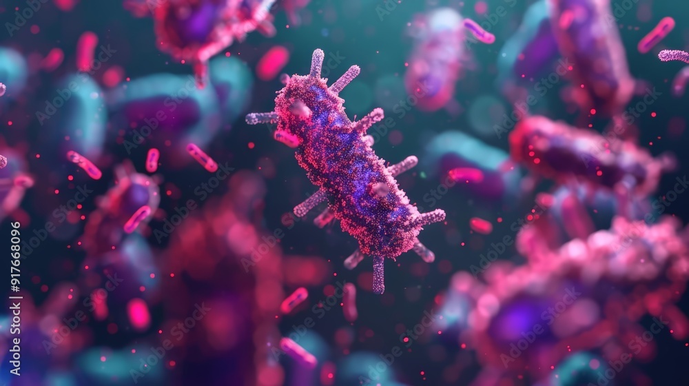 Fototapeta premium Microscopic view of prokaryotes interacting with host cells, illuminated by digital holograms, bright and dark contrast, sci-fi, digital art.