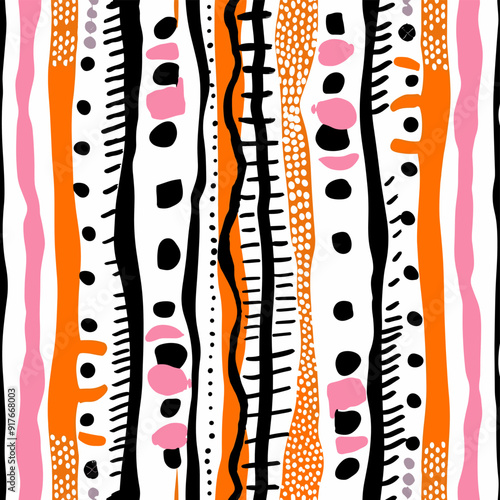 Abstract seamless pattern with vertical stripes and black orange pink and white dots lines and squiggles