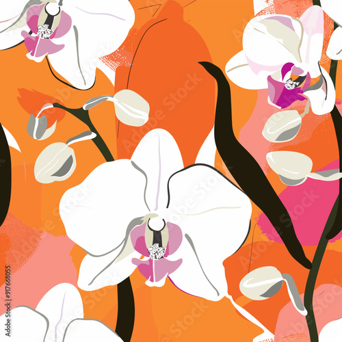 A vibrant abstract illustration featuring delicate white orchids with pink centers set against a bold orange and pink background This digital art piece captures the beauty of nature with a contemporar