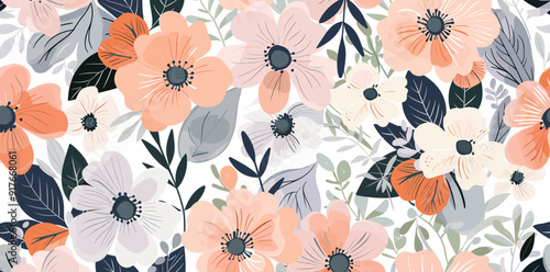 A seamless pattern featuring delicate floral blooms in shades of pink orange and white interspersed with lush foliage against a crisp white background Perfect for textiles wallpaper and digital design