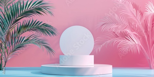 A minimalist scene featuring tropical palm leaves and a white circular podium against a pink background, perfect for product display.
