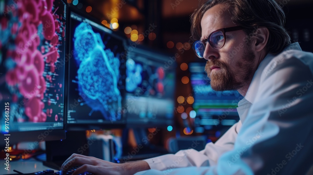 Fototapeta premium A focused scientist analyzes 3D data on multiple computer screens in a dark laboratory setting.