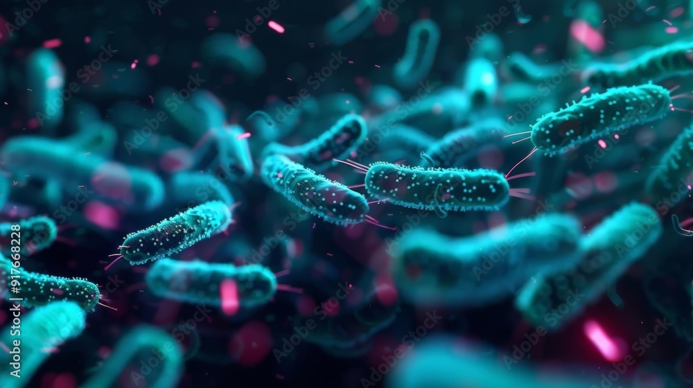Obraz premium Microscopic view of protozoan parasites interacting with microbes, illuminated by digital holograms, bright and dark contrast, sci-fi, digital art.