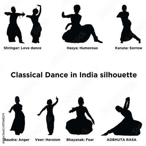 Set of silhouettes woman India Classical Dance with name Isolated Vector illustration design. photo