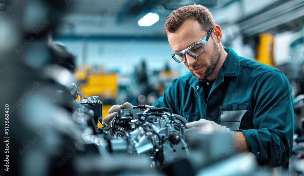 Inventor in a garage workshop testing an innovative electric vehicle engine, Automotive Invention, Engineering Process Inventor in a garage workshop testing an innovative electric vehicle engine, Automotive Invention, Engineering Process