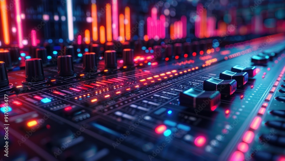 Close-up of a Sound Mixer with Neon Lights Close-up of a Sound Mixer with Neon Lights