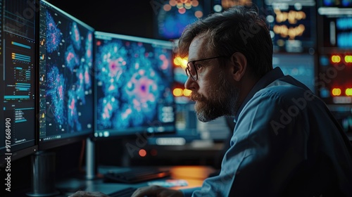 A focused scientist analyzes complex data on multiple computer monitors in a dimly lit laboratory setting. photo