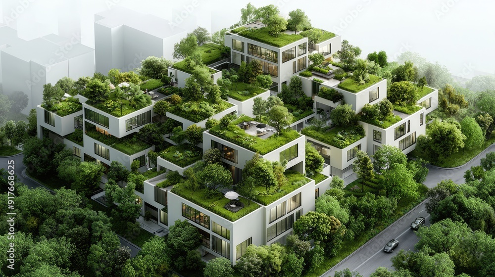Fototapeta premium Sustainable Industrial Complex with Green Roofs and Low Carbon Footprint, Generative Ai