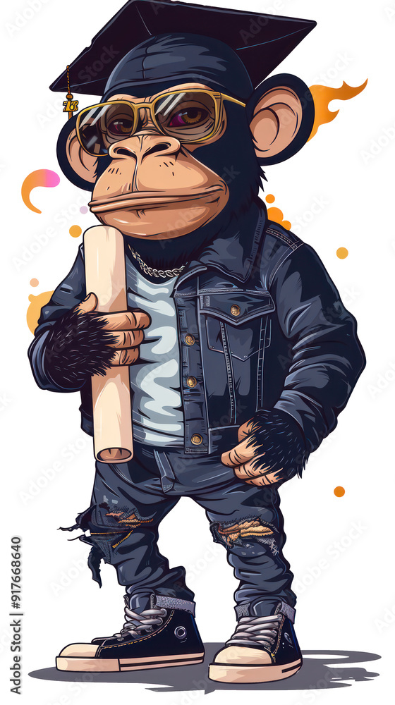 Obraz premium Stylish Ape Graduate with Urban Swag, A Cool and Edgy Character Illustration for Trendy Designs, Cut out Isolated on Transparent Background
