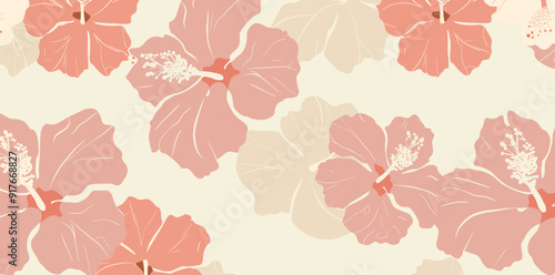 A seamless pattern featuring a soft pink and cream hibiscus flower design The background is a warm off-white and the flowers are simple but elegant This design is perfect for creating a tropical or su