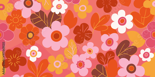 A vibrant retro-inspired pattern with various stylized flowers in shades of pink orange and white on a soft pink background The abstract floral motif creates a cheerful and playful design perfect for