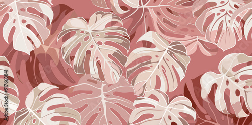 Abstract tropical leaf pattern in pink and white hues This seamless design features a repeated pattern of monstera leaves in various shades of pink and white creating a bold and contemporary aesthetic