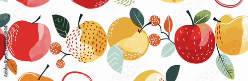 A seamless pattern with stylized apples and pears featuring vibrant red yellow and green colors with a textured finish perfect for fabric wallpaper or packaging