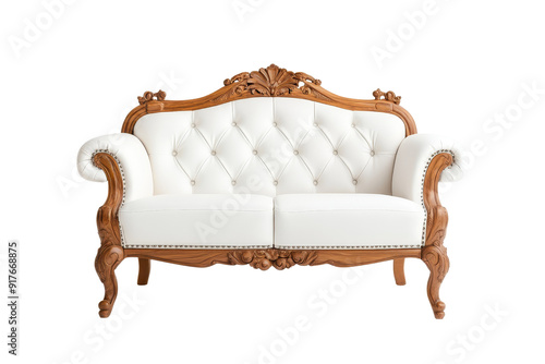 Elegant white tufted sofa with carved wooden frame