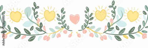 A symmetrical illustration of green branches adorned with yellow hearts representing the sun and pink hearts representing love creating a cheerful and loving atmosphere