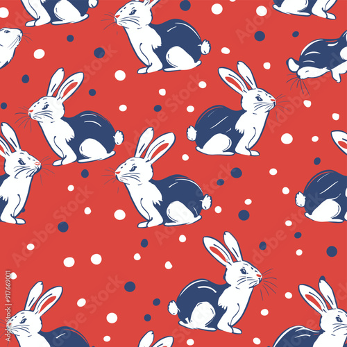 A seamless pattern featuring white rabbits with blue markings against a red background accented with white and blue polka dots This charming pattern is perfect for adding a touch of whimsy to fabric w