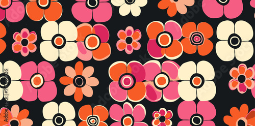 A vibrant and playful pattern featuring stylized flowers in pink orange and white against a dark background Perfect for adding a retro touch to designs