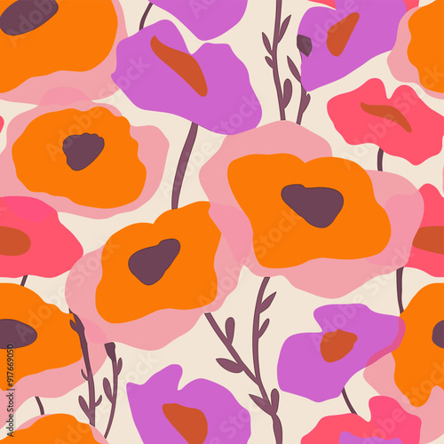 Abstract floral pattern with orange pink and purple flowers on a light beige background