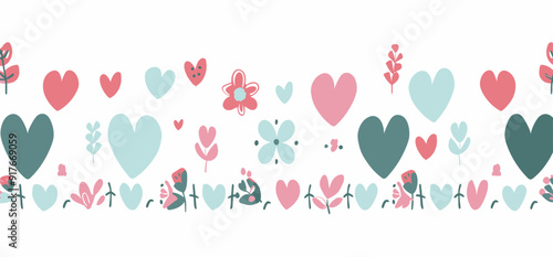 Seamless pattern with hand-drawn hearts flowers and leaves in pink blue and green on a white background This pattern is perfect for Valentines Day weddings or any project that needs a touch of love an