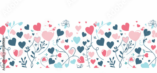 Seamless pattern of hearts flowers and leaves on a white background This illustration is perfect for Valentines Day weddings anniversaries or any occasion that celebrates love