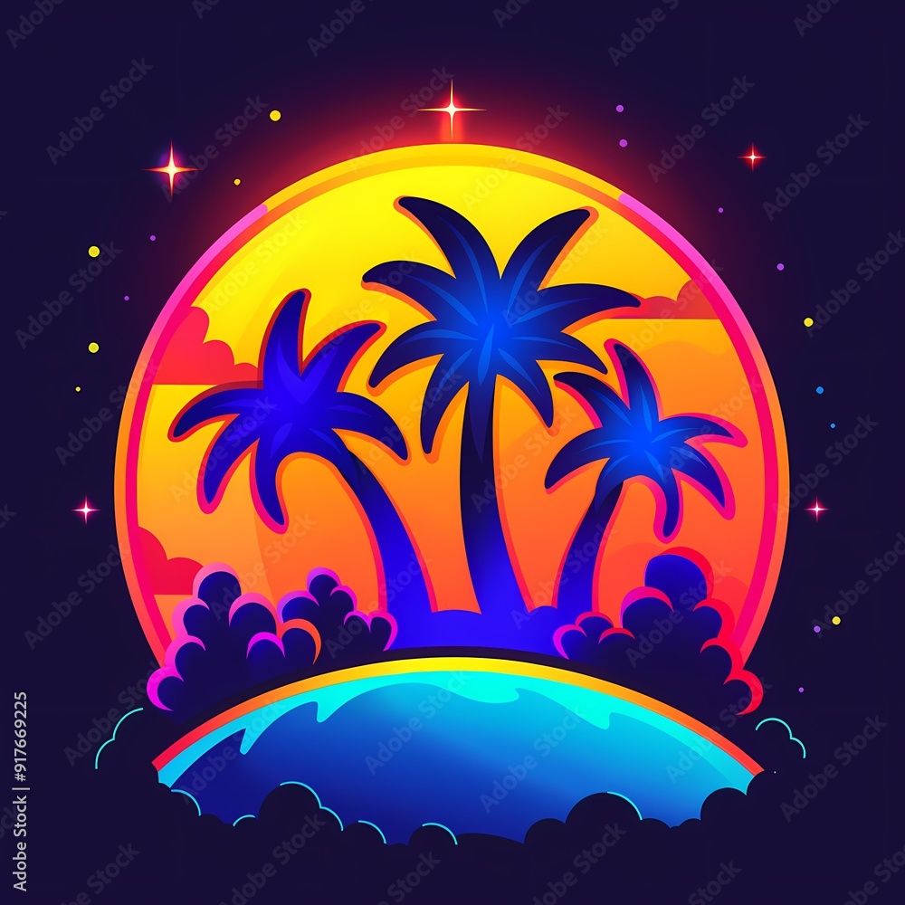Vibrant sunset with palm trees and a colorful landscape in a mystical style. Vibrant sunset with palm trees and a colorful landscape in a mystical style.