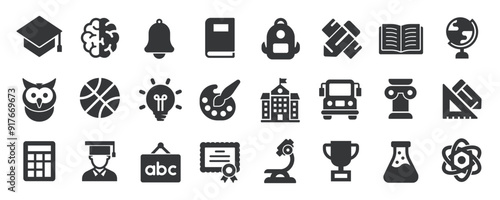Education glyph solid icons collection. Containing content school, e-learning, course, student. Minimal icon and symbol series vector illustration