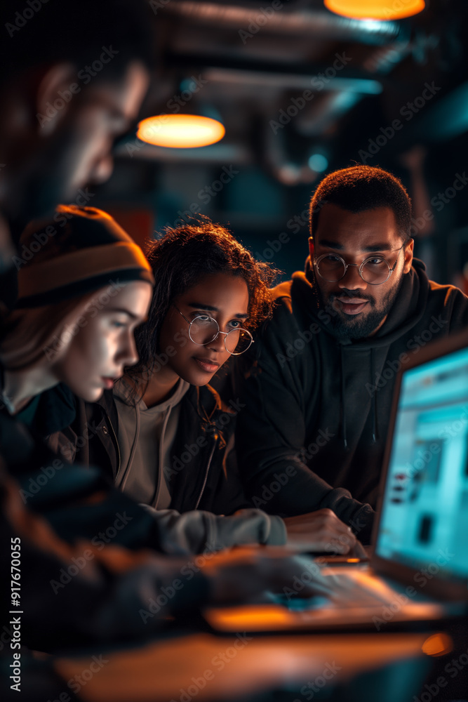 Diverse Team Collaborating on a Project in a Dimly Lit Office Diverse Team Collaborating on a Project in a Dimly Lit Office