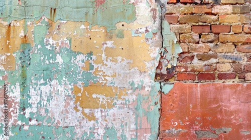 Aged textures: dated wallpaper, peeling paint, brick surface, varied color layers.