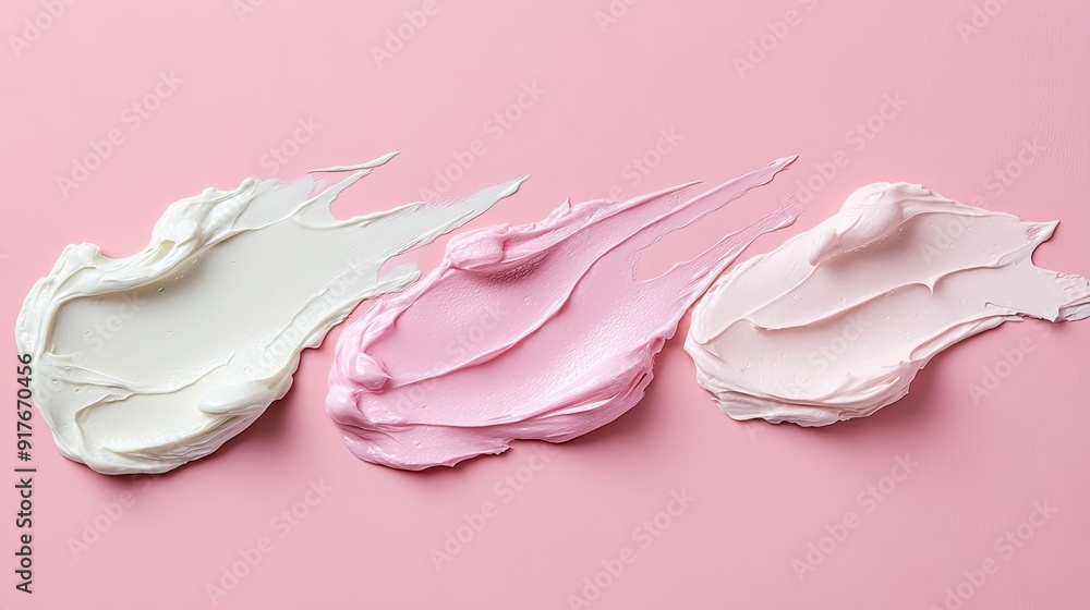 Swatches of cosmetic cream on a pink background highlighting smooth textures and skincare product consistency Swatches of cosmetic cream on a pink background highlighting smooth textures and skincare product consistency
