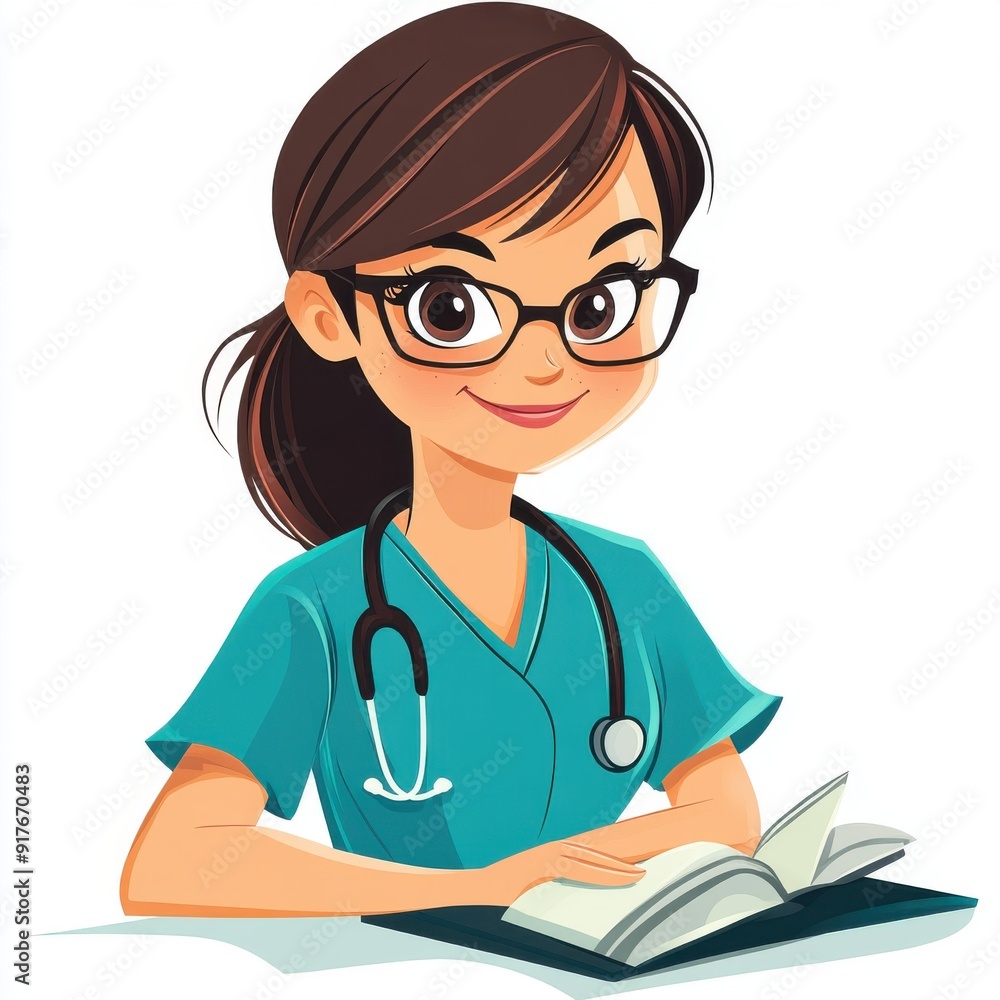 A cheerful nurse in scrubs provides care, surrounded by colorful medical tools, highlighting her dedication to health. A cheerful nurse in scrubs provides care, surrounded by colorful medical tools, highlighting her dedication to health.
