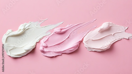 Swatches of cosmetic cream on a pink background highlighting smooth textures and skincare product consistency