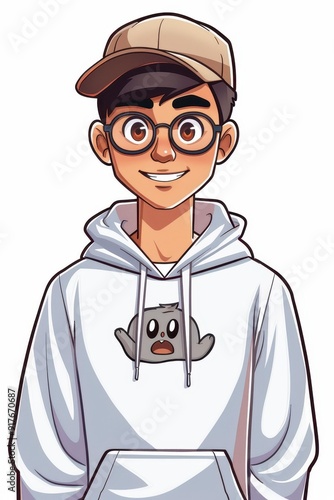 A stylish Filipino man in a hoodie and cap, cleanshaven and smiling, showcases modern streetwear culture in this avatar. photo