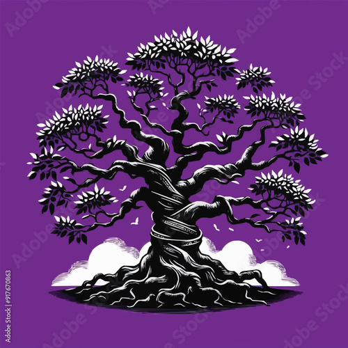 Free vector Black Banyan tree with purple background