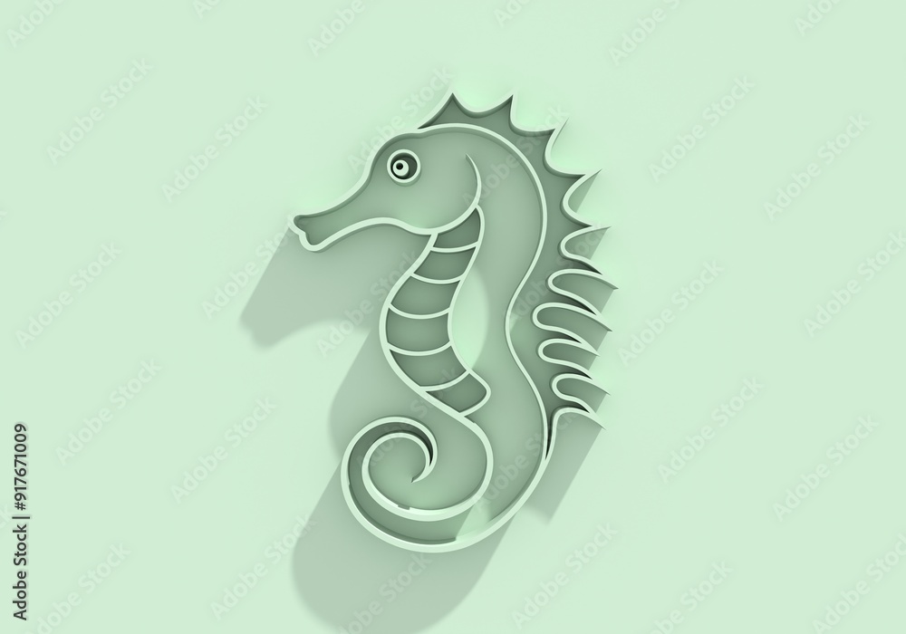 Fototapeta premium Silhouette of a seahorse. The silhouette captures the distinctive profile of the seahorse. Seafood shop emblem. Restaurant menu, fish market banner design template. Fresh seafood product. 3D render