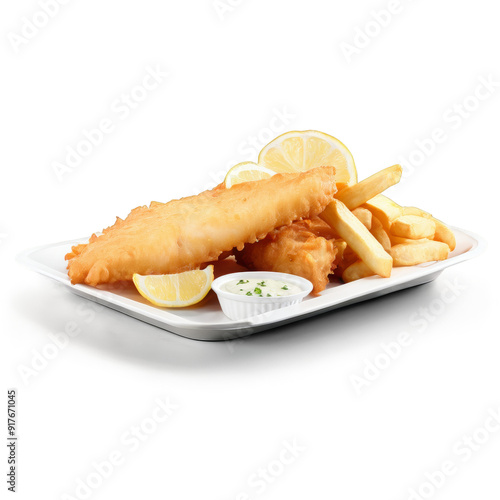 A plate of fish and fries with a side of lemon wedges isolated on transparent background