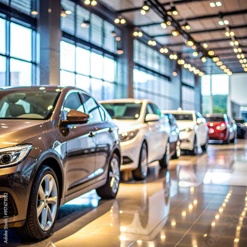 Cars in a car showroom with a blurred background.