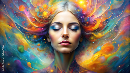 Abstract illustration on colorful background of woman with closed eyes focused on her thoughts searching for subconscious.