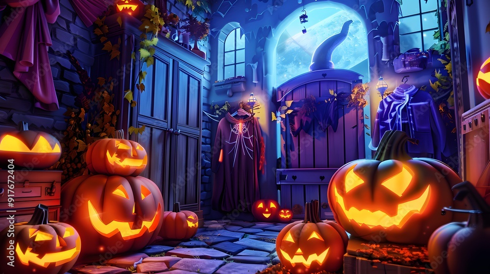 Fototapeta premium Halloween party with a festive and unique place, All kinds of party supplies Halloween, Happy Halloween background
