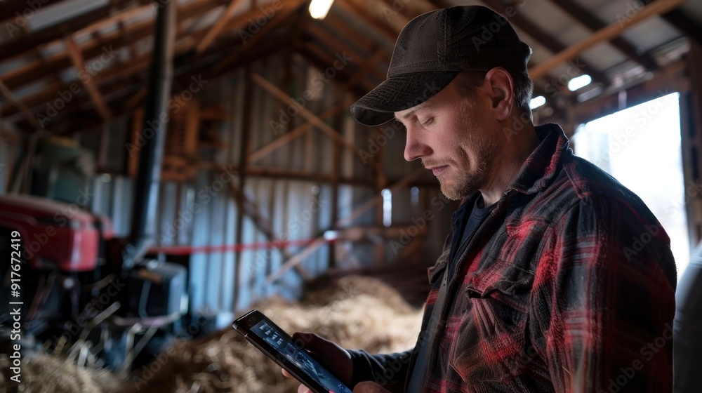 A farmer inputting data on a tablet in a barn A farmer inputting data on a tablet in a barn