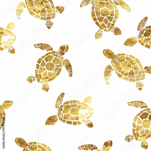 A seamless pattern of golden glitter-textured sea turtles against a white background The turtles are all facing different directions creating a dynamic and playful composition This design is perfect f