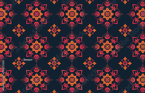 A seamless pattern with intricate red and orange floral designs on a dark blue background This pattern can be used for various design projects