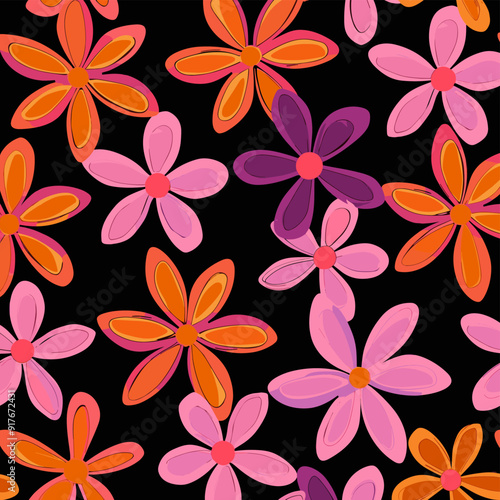 Colorful Retro Floral Pattern with Orange Pink and Purple Flowers on a Black Background
